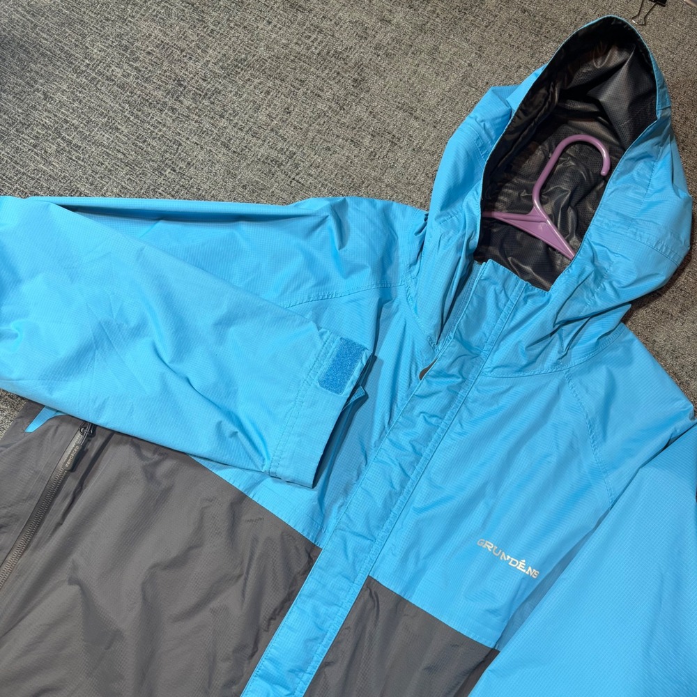 Grundens Rain Jacket XL Mens Blue Grey Colorblock Hooded Waterproof Shell